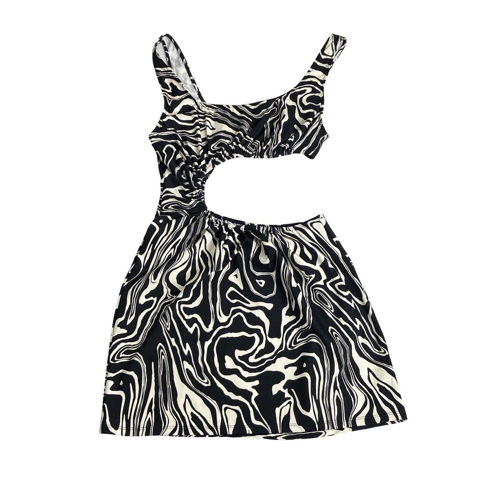 WeWoreWhat Ruched Cut Out Mini Dress Womens XL Black & Cream Marble Stretch Club